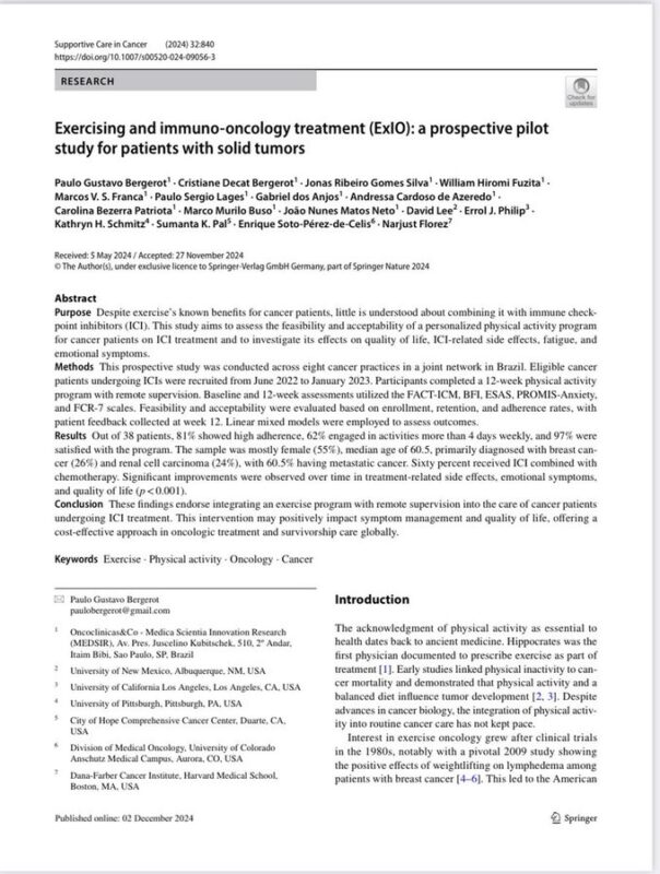 Exercising and immuno-oncology treatment for patients with solid tumors