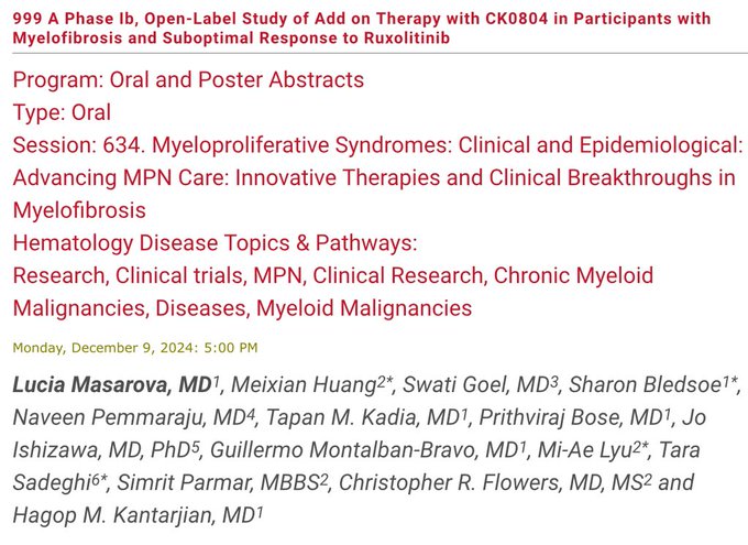 Naveen Pemmaraju: Add-On Therapy with CK0804 in Myelofibrosis Patients with Suboptimal Response to Ruxolitinib