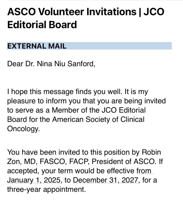 Nina Niu Sanford: Looking forward to serving on the editorial board for JCO