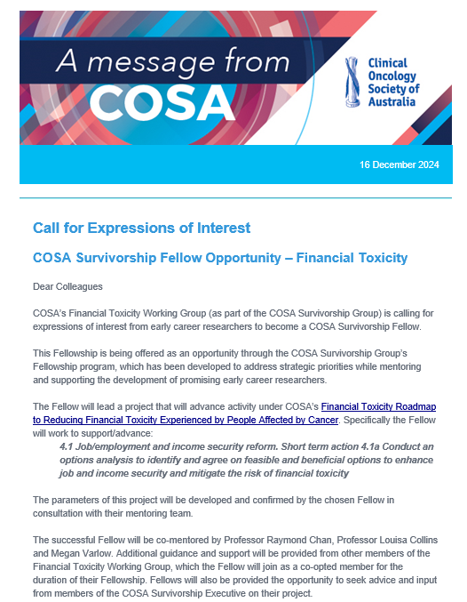 Ray Chan: COSA is now seeking applications from early career researchers to COSA oncology Survivorship Fellow