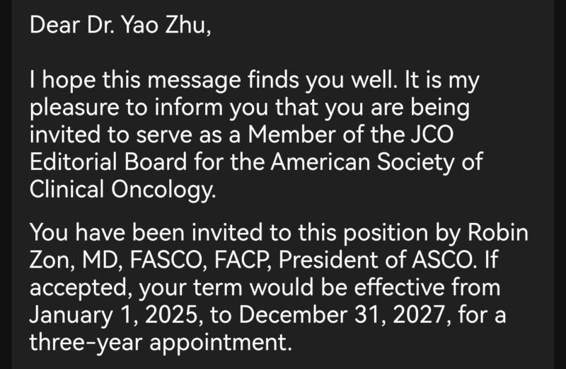 Yao Zhu: Honored to join Journal of Clinical Oncology as an editor