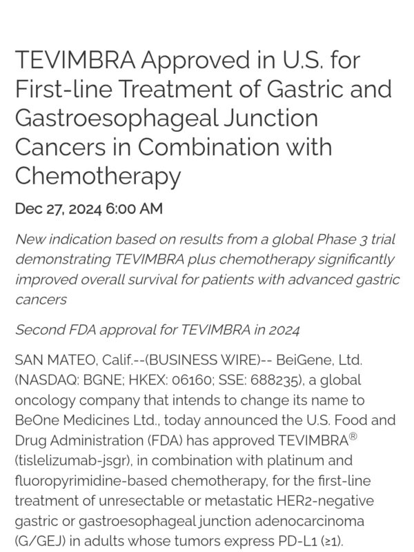 Amol Akhade: Tislelizumab gets FDA approval for Metastatic GE junction adenocarcinoma based upon rationale 305 trial