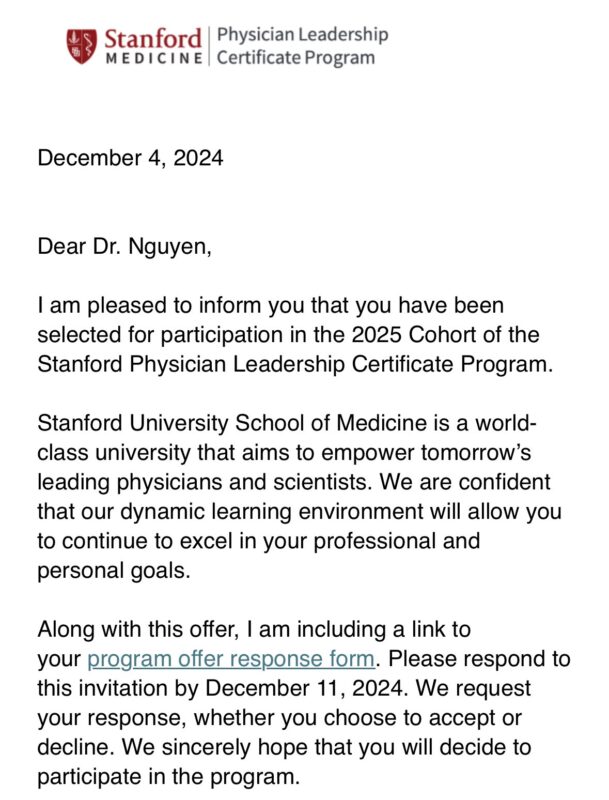 MinhTri Nguyen: Thrilled to be selected for the Stanford Physician Leadership Certificate Program