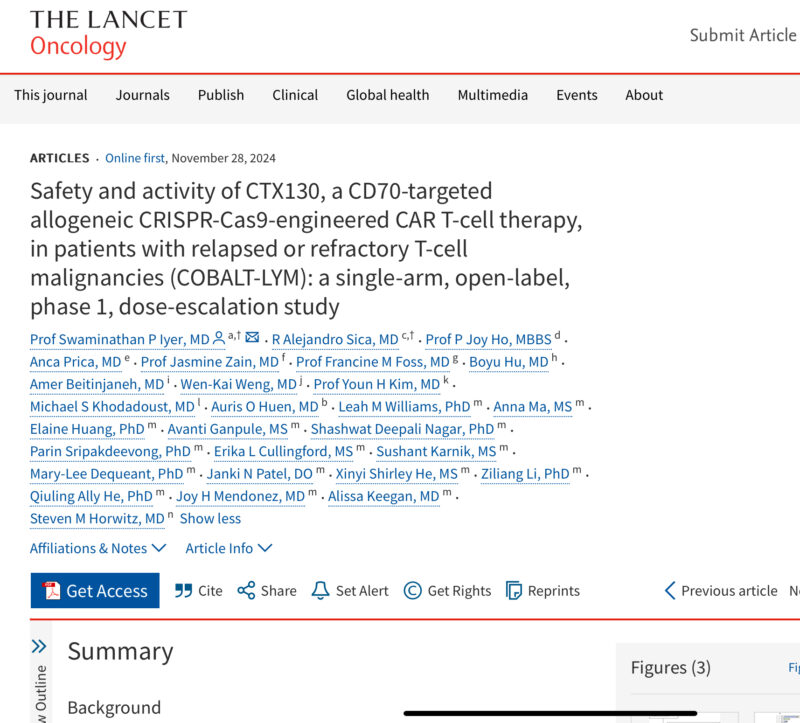 Miguel Bronchud: Interesting single-arm, open-label, phase 1 study on CRISPR Therapeutics by Swaminathan Iyer et al.