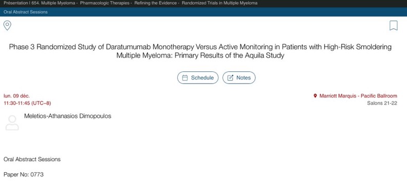 Results of AQUILA Trial: Daratumumab or Active Monitoring for High-Risk Smoldering Multiple Myeloma