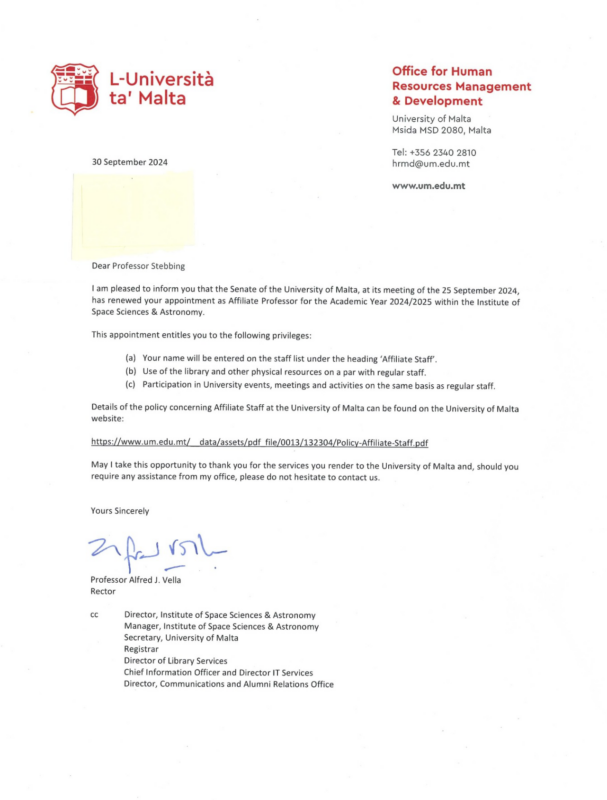 Justin Stebbing: Lovely letter to receive from University of Malta