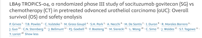 Sacituzumab govitecan vs platinum-based chemotherapy for Urothelial Carcinoma - ESMO