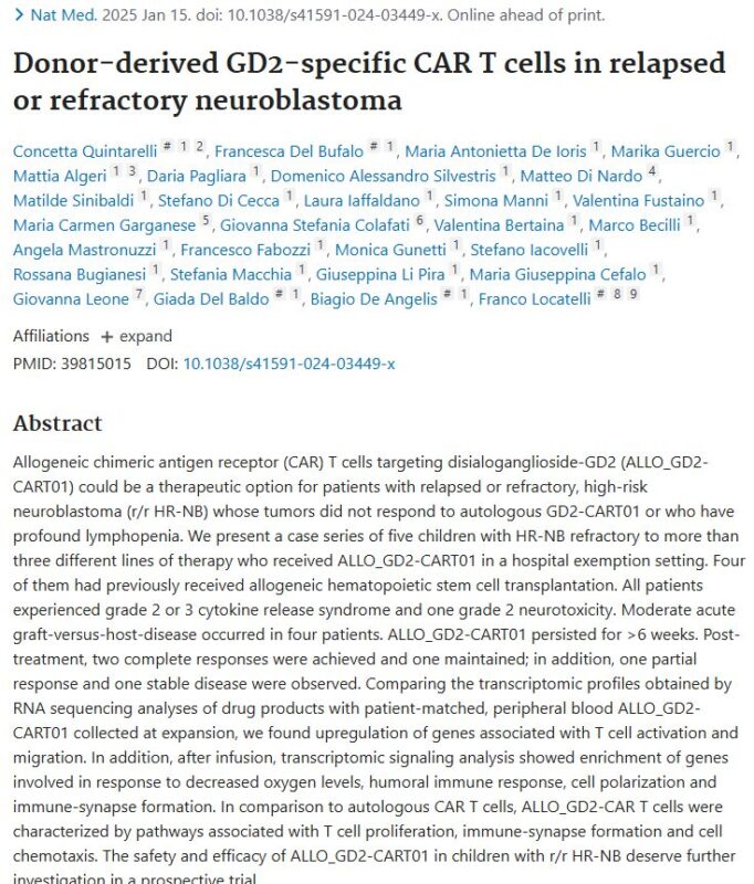 Angela Mastronuzzi: Donor-derived GD2-specific CAR T cells in relapsed or refractory neuroblastoma