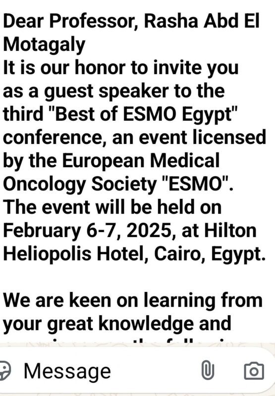 Rasha Aboelhassan: Proud to be invited as a speaker in Best of ESMO Egypt