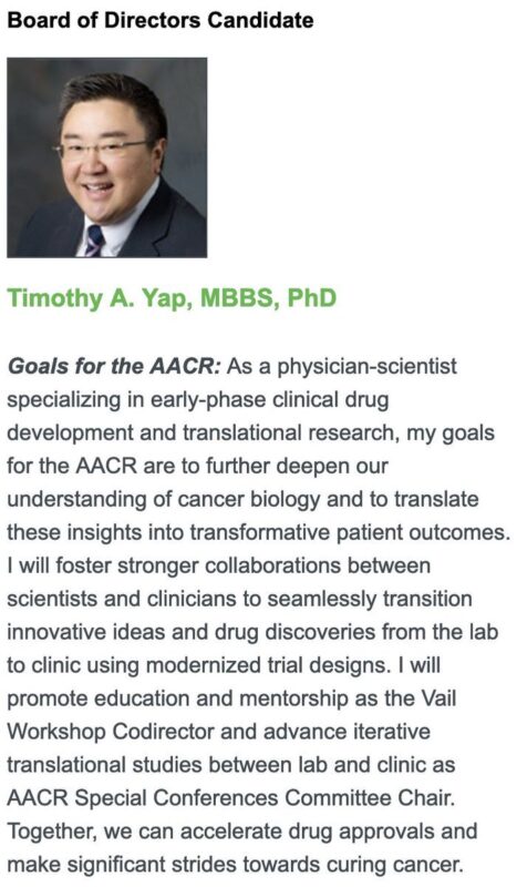 Herbert Loong: Supporting Tim Yap from MD Anderson Cancer Center to represent AACR Board of Directors