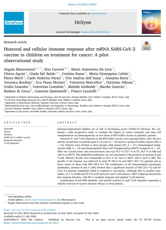 Angela Mastronuzzi: Humoral and cellular immune response after mRNA SARS-CoV-2 vaccine in children on treatment for cancer