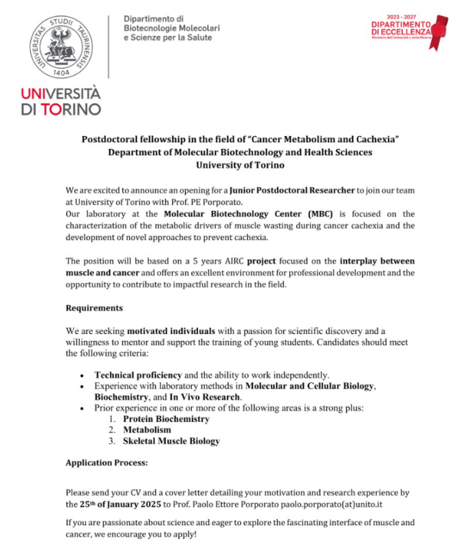 Paolo Porporato: Looking for a new post-doctoral fellow to study novel approaches to target Cancer Cachexia