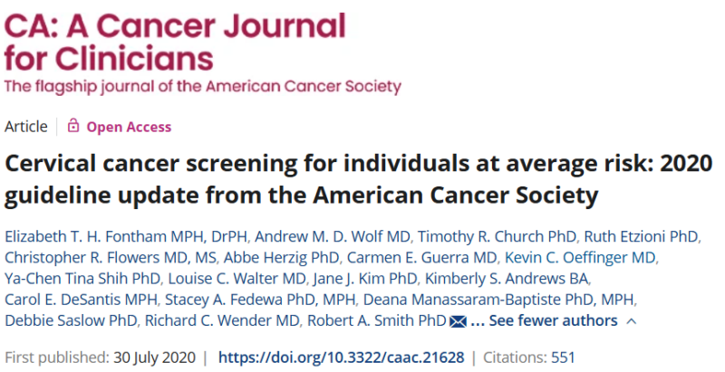 Cervical Cancer Screening Recommended Tests - CA: A Cancer Journal for Clinicians