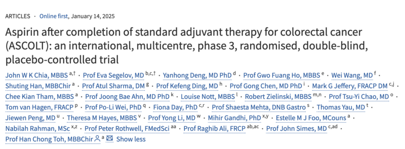 Aspirin after completion of standard adjuvant therapy for colorectal cancer (ASCOLT)