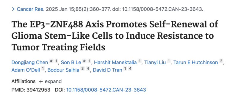 The EP3-ZNF488 Axis Promotes Self-Renewal of Glioma Stem-Like Cells to Induce Resistance to Tumor Treating Fields