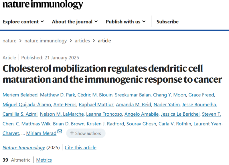 Cholesterol mobilization regulates dendritic cell maturation and the immunogenic response to cancer