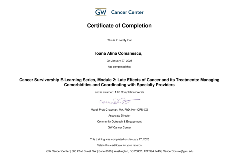 Alina Comanescu: Proud to share that I’ve completed Module 2 of the Cancer Survivorship E-Learning Series