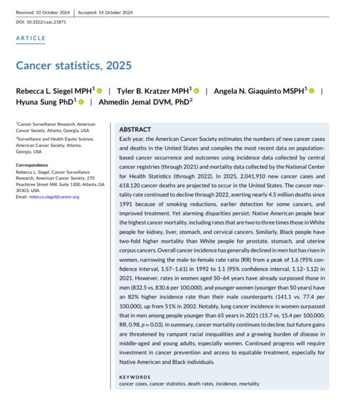 Cancer statistics, 2025 - Decline in cancer mortality rate in the USA