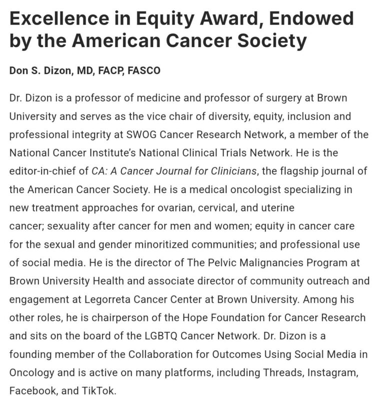 Don Dizon: Excellence in Equity Award, endowed by the American Cancer Society