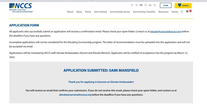 Sami Mansfield: I completed my application for the NCCS Elevate Ambassador Program