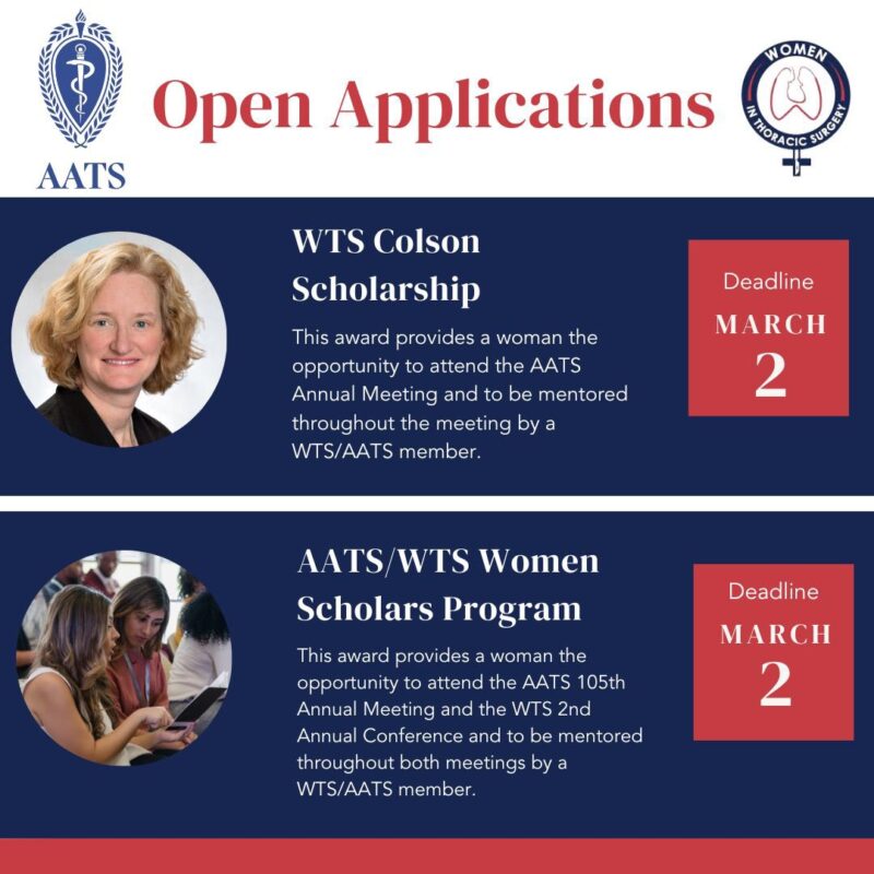 Applications are open for the WTS Colson Scholarship and the AATS/WTS Women Scholars Program