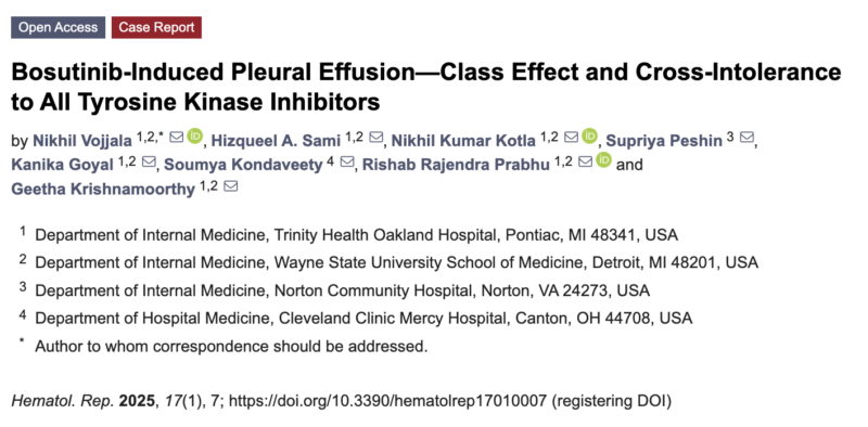 Bosutinib-Induced Pleural Effusion—Class Effect and Cross-Intolerance to All Tyrosine Kinase Inhibitors by Nikhil Vojjala et al.