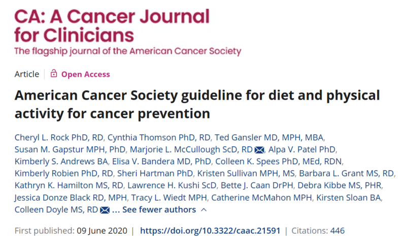 ACS diet and physical activity guidelines for cancer prevention - CA: A Cancer Journal for Clinicians