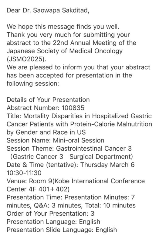 Sakditad Saowapa: Excited to present my first oral abstract at JSMO25