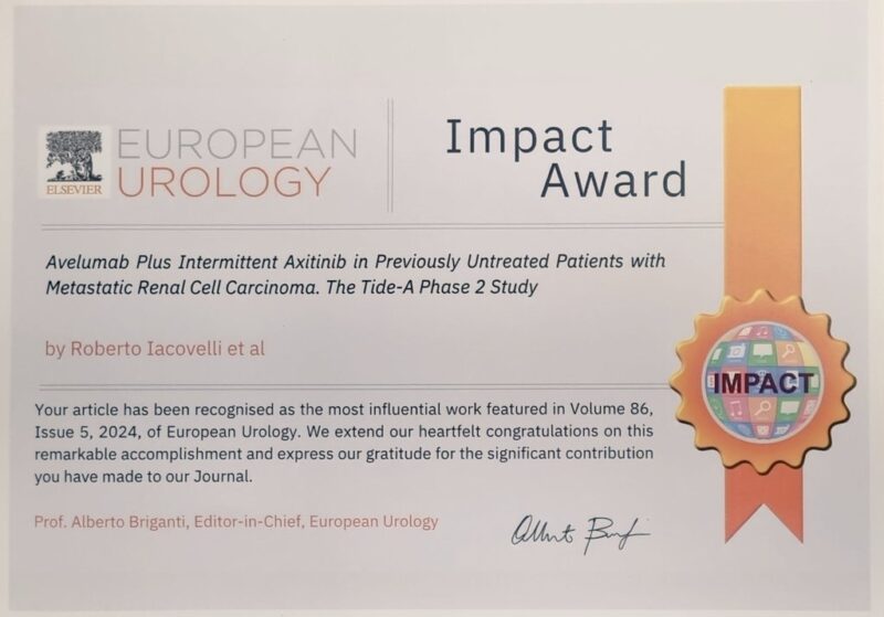 Roberto Iacovelli has received an Impact Award from European Urology Journal for the Tide-A Phase 2 study