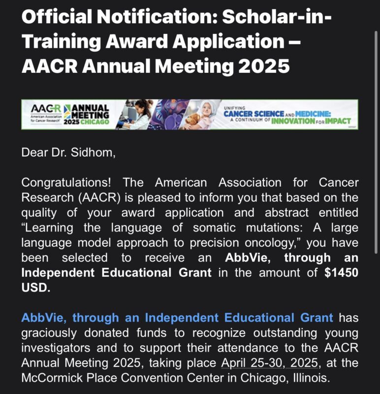 John-William Sidhom: Honored to receive the AACR Scholar-In-Training Award