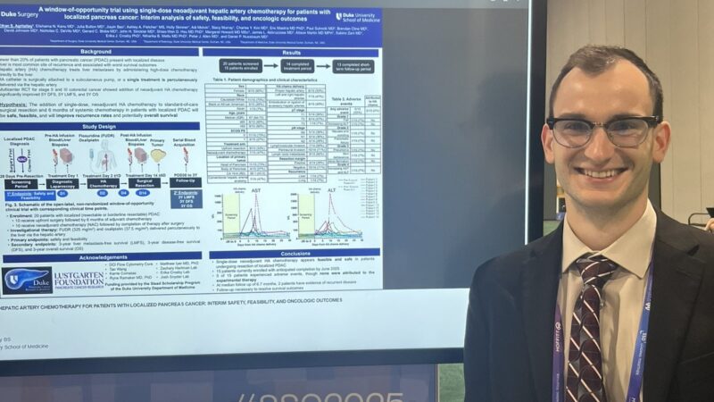 Thought-provoking trial on localized pancreatic cancer presented by Ethan Agritelley at SSO2025 – Duke Surgical Oncology