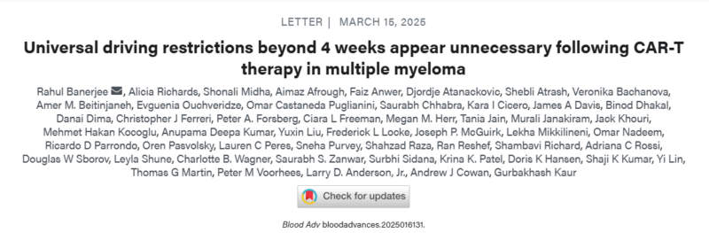 Yan Leyfman: New study challenges the 8-week driving restriction for patients receiving CAR-T therapy for MM