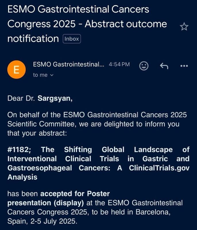 Amalya Sargsyan: Our abstract on endpoints in G/GEJ trials was selected for a Poster presentation at ESMO GI 2025
