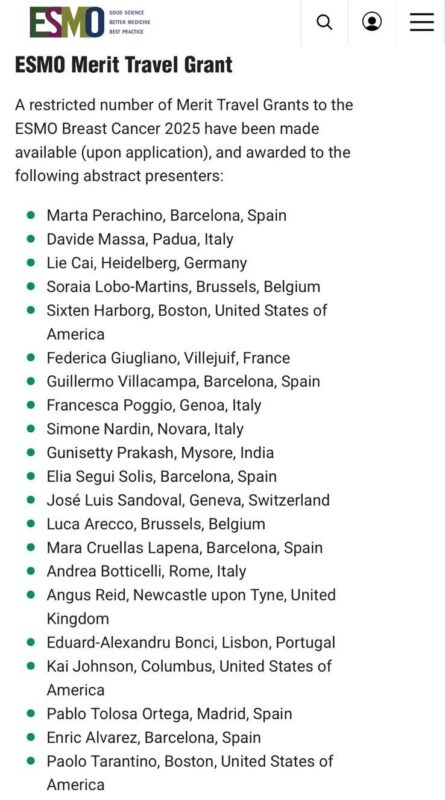 Federica Giugliano: Honored to share that I’ve been awarded the ESMO Merit Travel Grant for ESMO Breast Cancer 2025