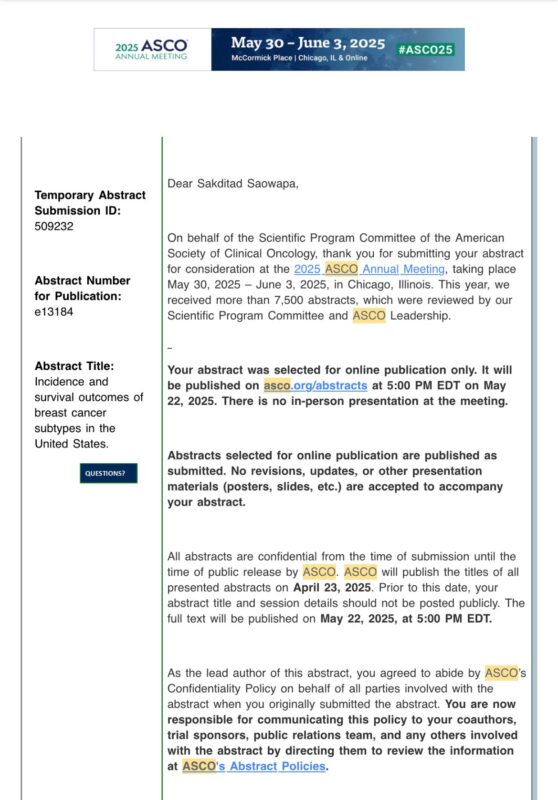 Sakditad Saowapa: Two of my Abstracts have been Accepted for Online Publication at the 2025 ASCO Annual Meeting