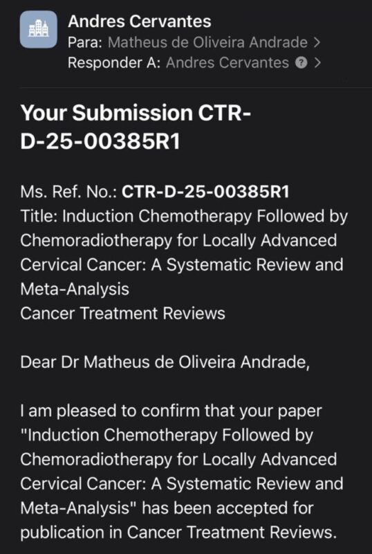 Matheus Andrade's Meta-analysis Has Been Accepted in Cancer Treatment Reviews