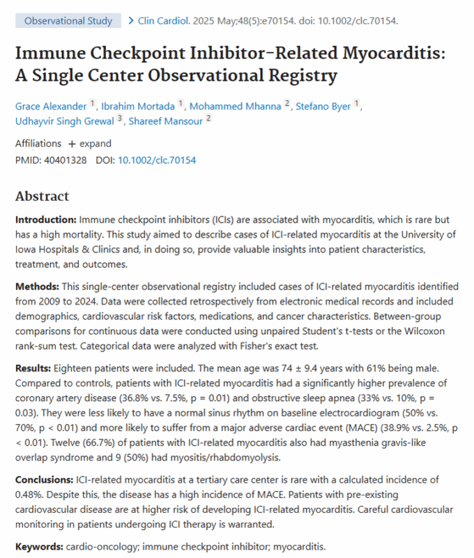 Udhayvir Grewal: Immune Checkpoint Inhibitor-Related Myocarditis - A Single Center Observational Registry