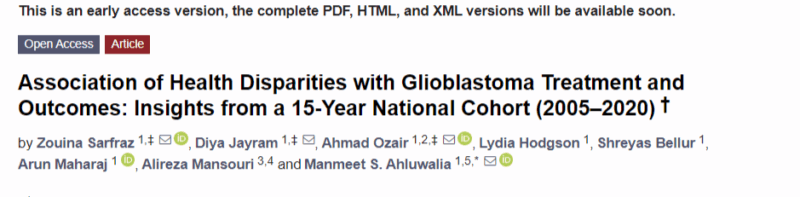 Zouina Sarfraz: Grateful That Our Latest Work on Health Disparities with Glioblastoma Treatment Published in Brain Sciences