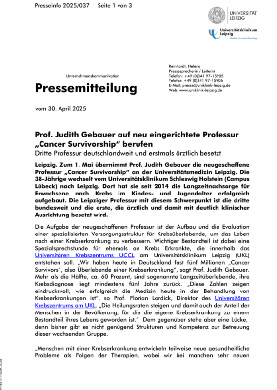 Florian Lordick: Prof. Judith Gebauer Appointed to Newly Established Professorship in Cancer Survivorship at University Cancer Center Leipzig