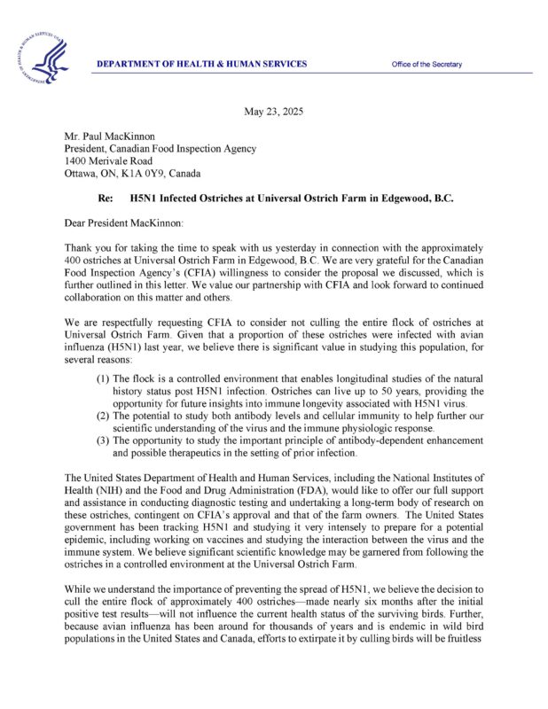 Robert F. Kennedy, Jr.: HHS and Canadian Food Inspection Agency Discuss Joint Study on Avian Flu Immunity