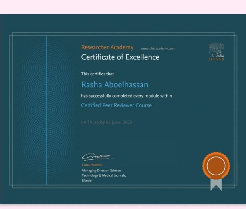 Rasha Aboelhassan: Proud to be Certified Reviewer by Elsevier Researcher Academy 