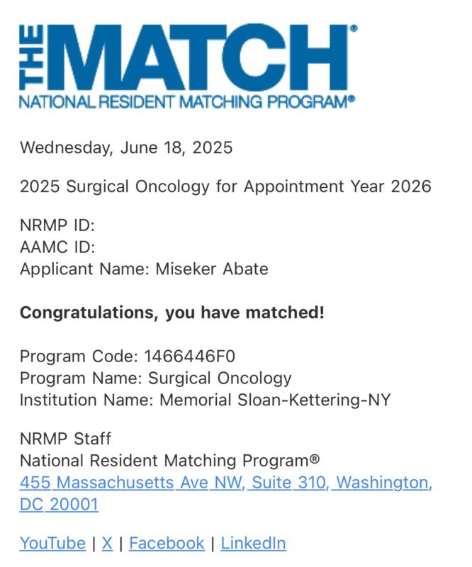 Miseker Abate Celebrates Matching at Memorial Sloan Kettering for Surgical Oncology Fellowship