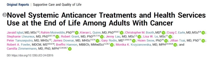 Camilla Zimmermann: Novel Systemic Anticancer Treatments and Health Services Use at the End of Life Among Adults with Cancer