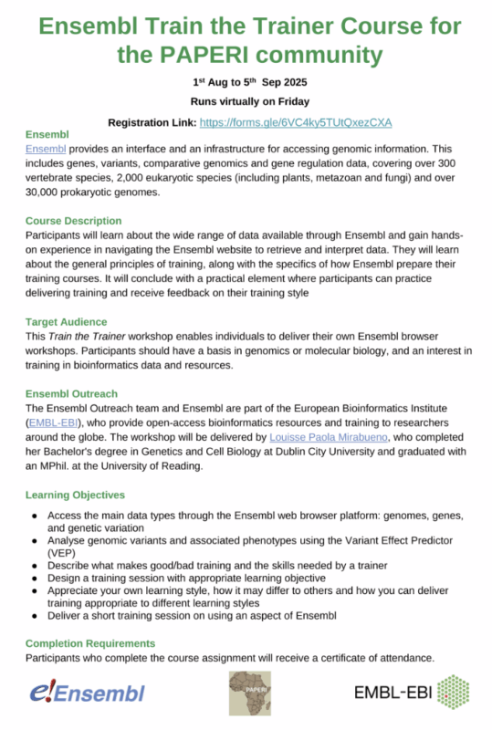 Wafaa M Rashed: Announcing the Ensembl Train the Trainer Course for PAPERI