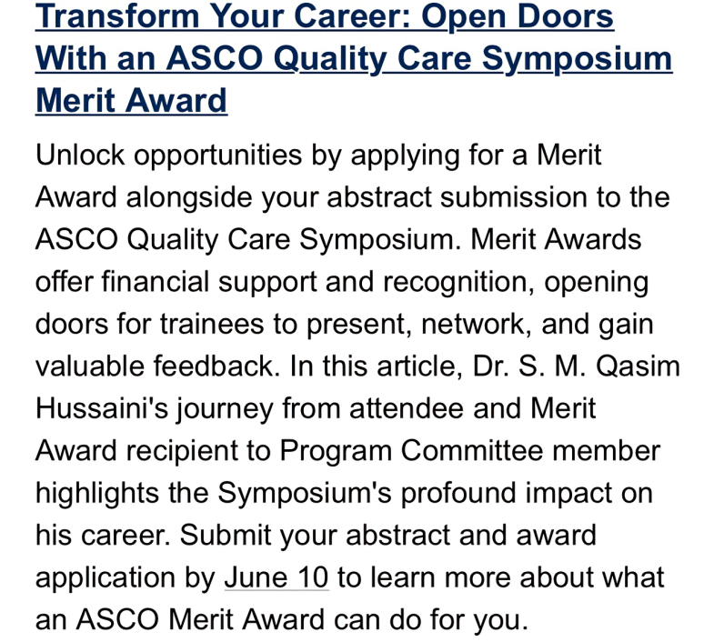 Qasim Hussaini Promotes ASCO Quality Care Abstract Submissions and Merit Award