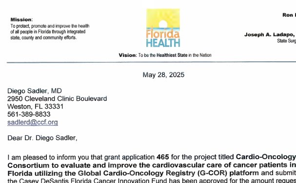 Diego Sadler Reports FDOH Grant for Cancer Innovation to GCOR