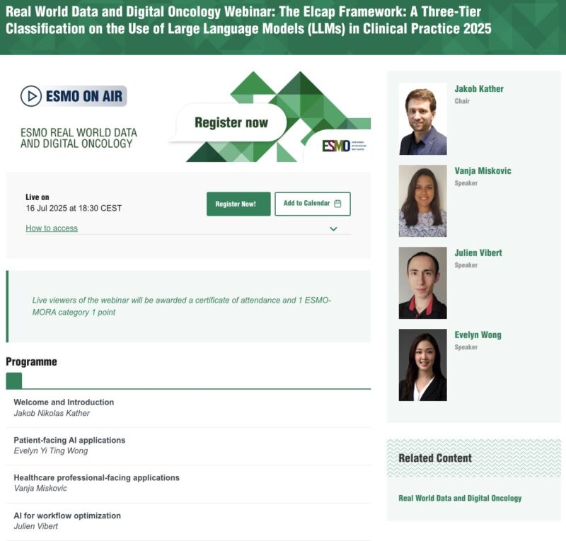Evelyn Wong: Speaking on The ELCAP Framework at the upcoming ESMO RWD and Digital Oncology Webinar
