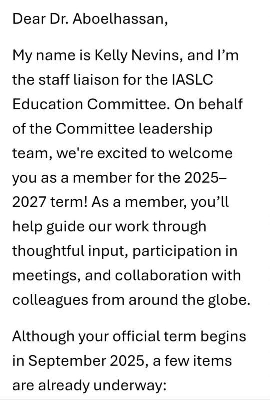 Rasha Aboelhassan: Excited to Start Working as Educational Committee Member in IASLC
