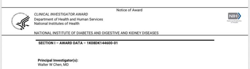 Walter Chen: Excited to Receive an NIH K08 Clinical Investigator Award to Support My Research