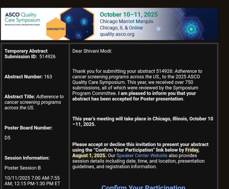 Shivani Modi: Our Abstract Has Been Accepted for Poster Presentation at the ASCO Quality Care Symposium 2025